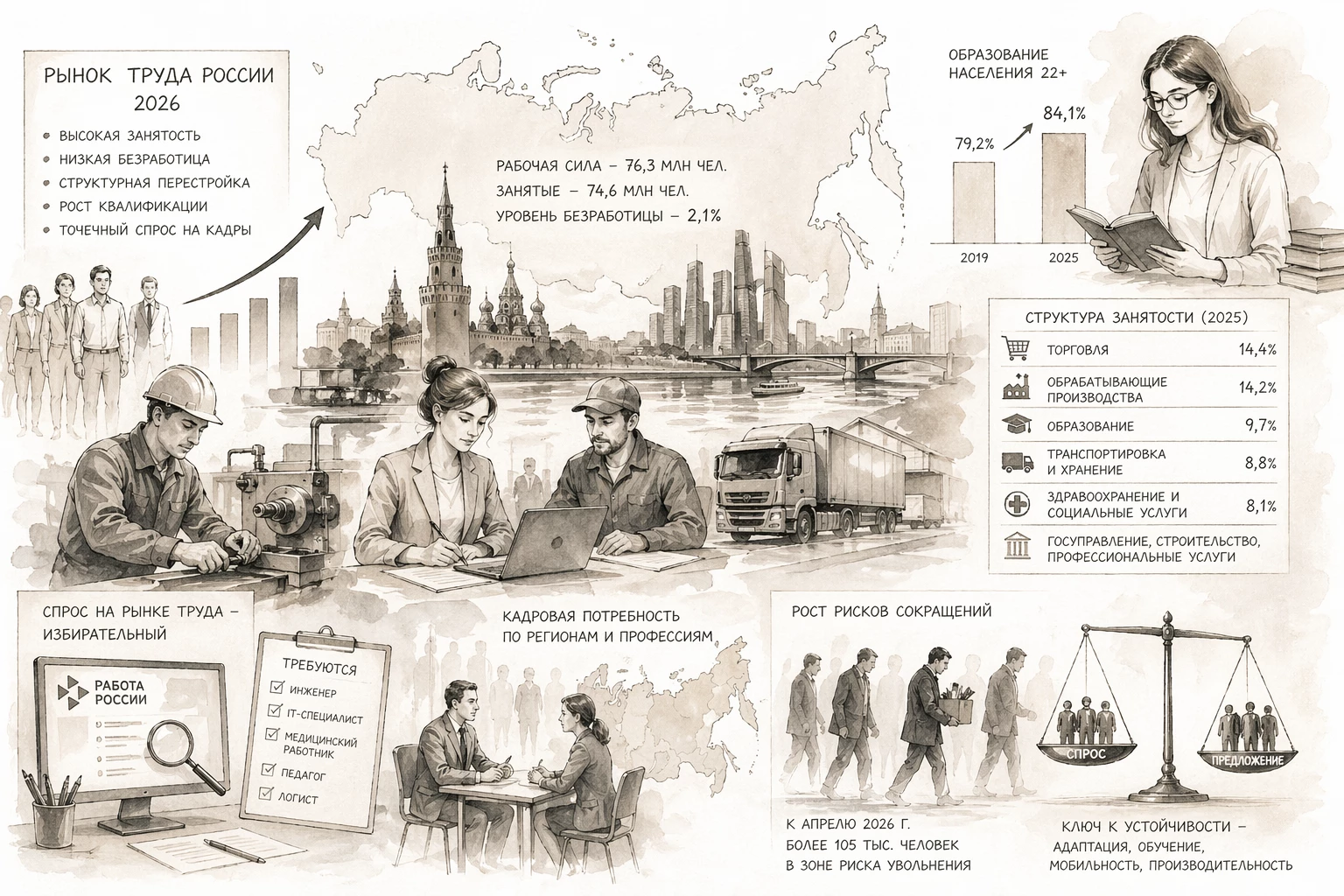 Рынок труда России в 2026 году: структура, занятость и риски