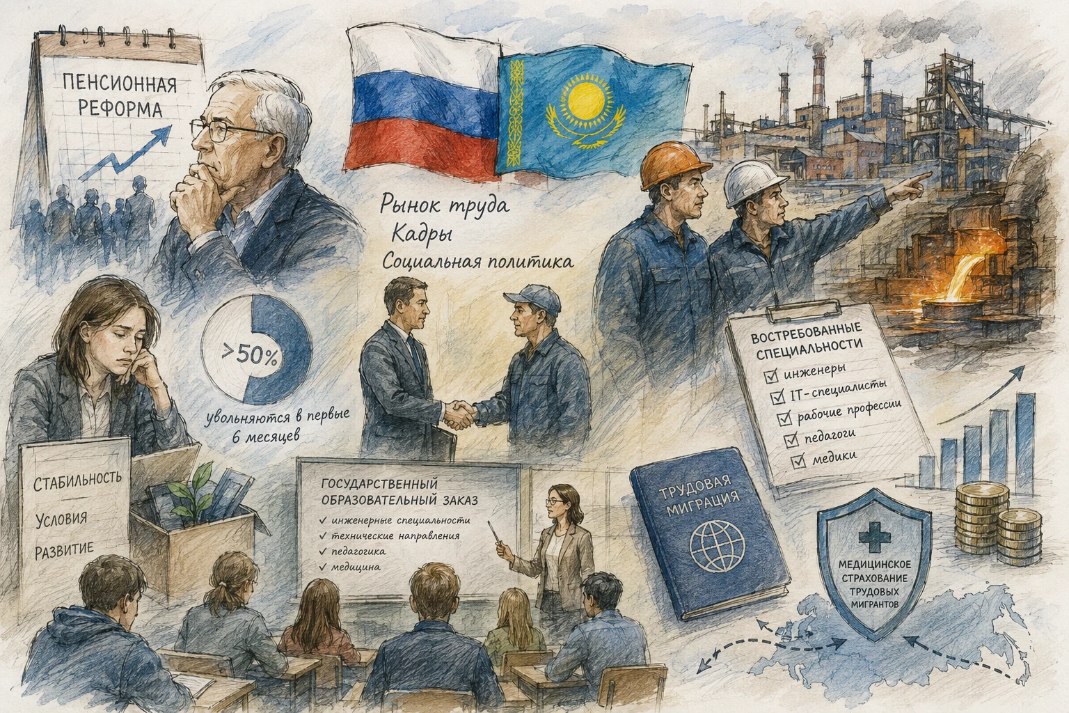 Россия и Казахстан: главные события месяца в сфере труда и социальной политики